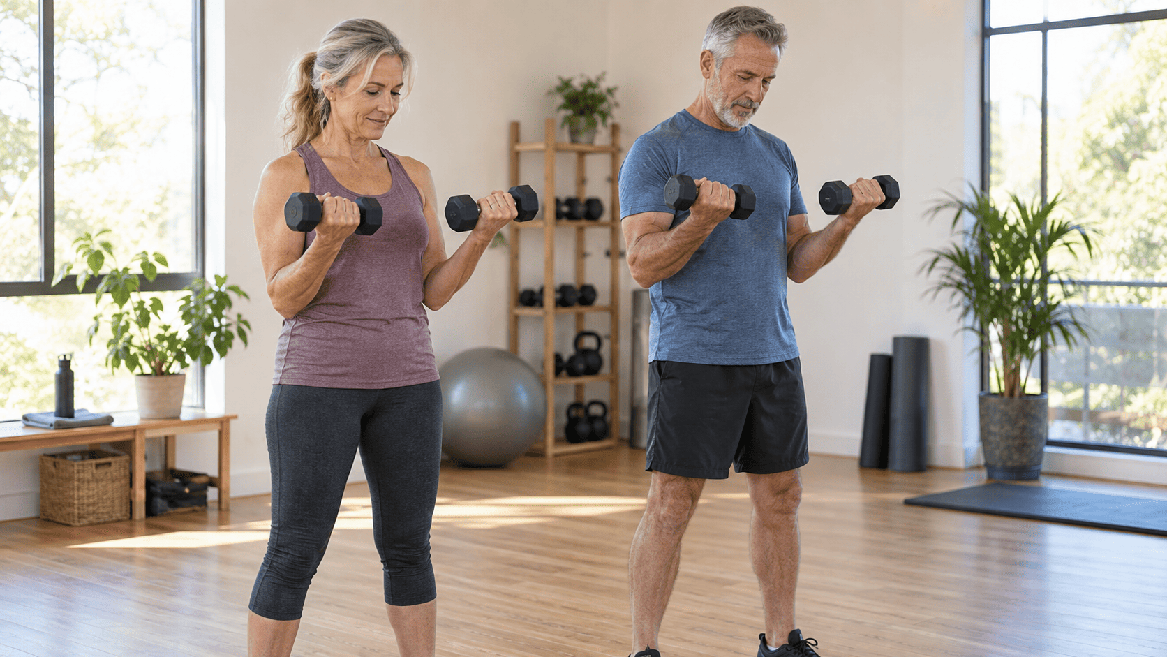 Mujer y hombre de mediana edad realizando ejercicios de fuerza con mancuernas. Más grasa y menos músculo
